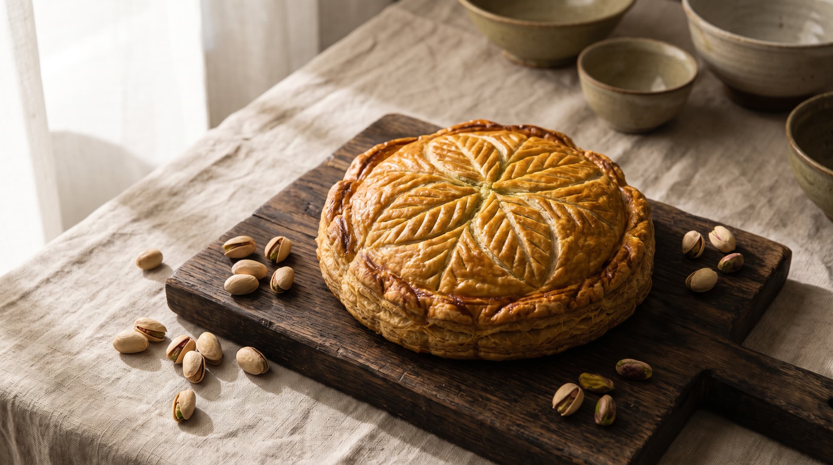 Galette des rois à la frangipane pistache dorée sur planche de bois, pistaches éparpillées