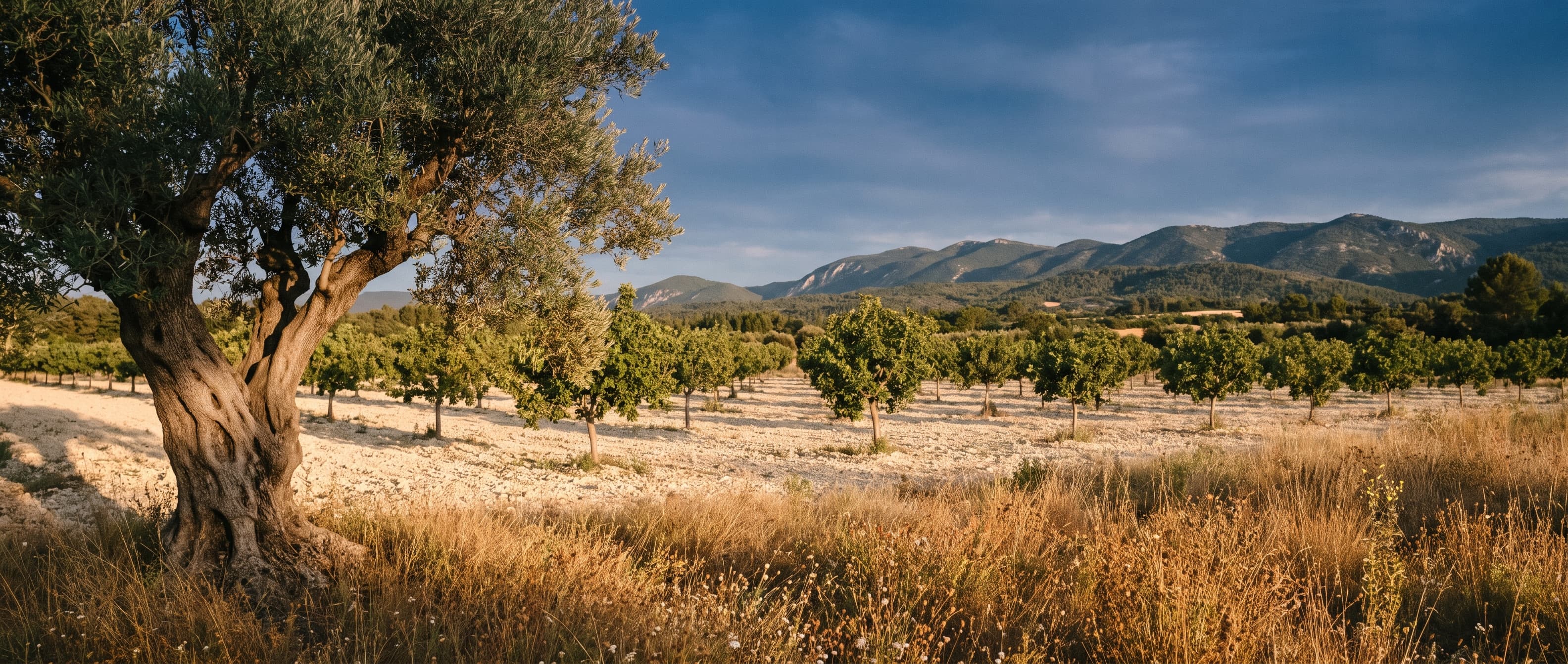 Verger de pistachiers des Jardins d'Hélios à Pertuis en Provence, olivier ancien au premier plan, collines du Luberon en arrière-plan, lumière dorée de fin d'après-midi